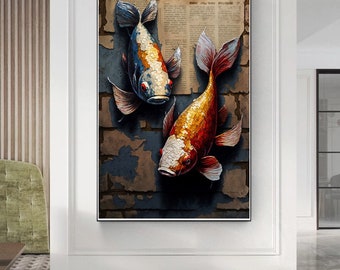 水墨画 鯉 金色フレーム A4サイズ GOLD KOI FISH Stretched Print on Canvas, Red Gold Black