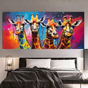 Vibrant Family of Giraffes Wall Art – Colorful Modern Animal Canvas Print - Large Panoramic Print on Canvas for Living Room, Hotel, Gift