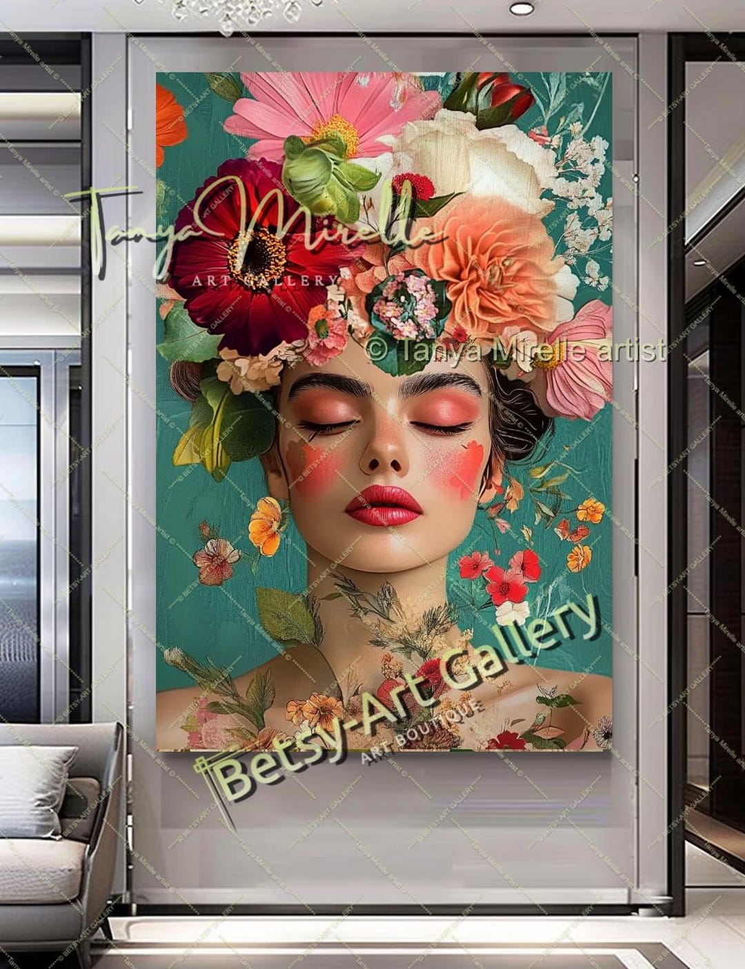 Vivid Floral Woman Portrait Canvas Print: Modern Boho Wall Art ...