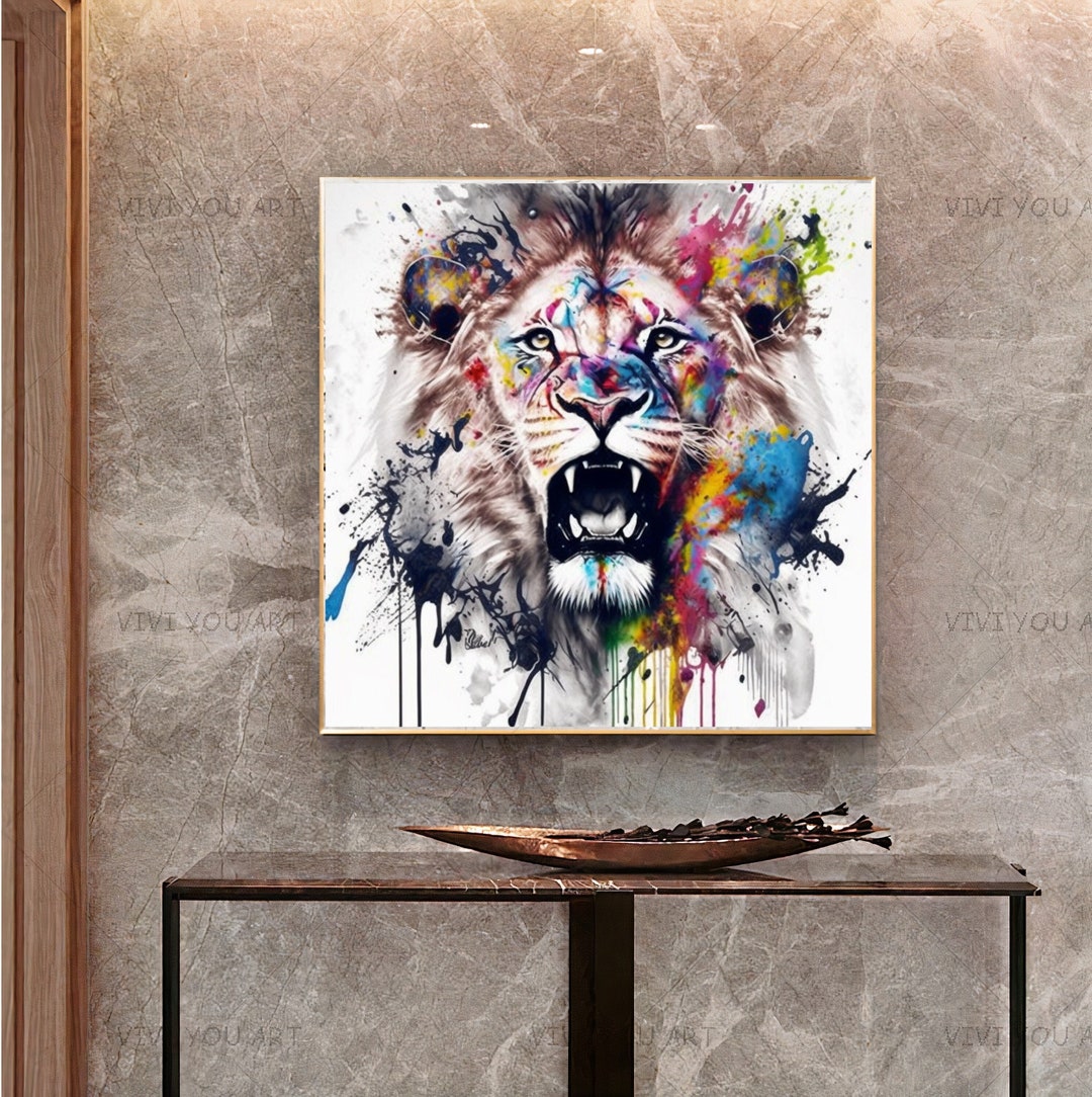Graffiti Lion Roaring Modern Wall Art Print on Canvas Animal Painting ...
