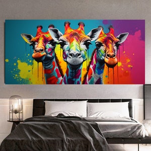 Three Colorful Giraffes – Modern Printed Canvas Wall Art - Large Panoramic Print on Canvas for Living Room, Hotel, Gift