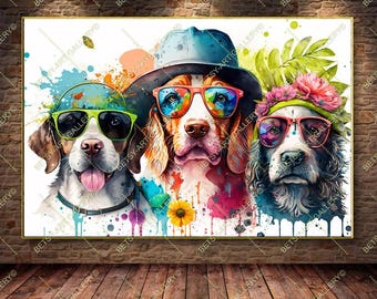 Op de afbeelding: Een kleurrijke digitale kunstdruk met drie honden die een zonnebril dragen. De linkerhond draagt een groene zonnebril, de middelste hond een blauwe hoed en rode zonnebril, en de rechterhond een roze zonnebril en een bloemenkrans tegen een achtergrond van verfspatten.