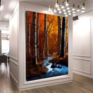 Stretched Printed Canvas, Landscape Art Autumn Birch Grove Stream in the Forest, Modern Wall Art for living room