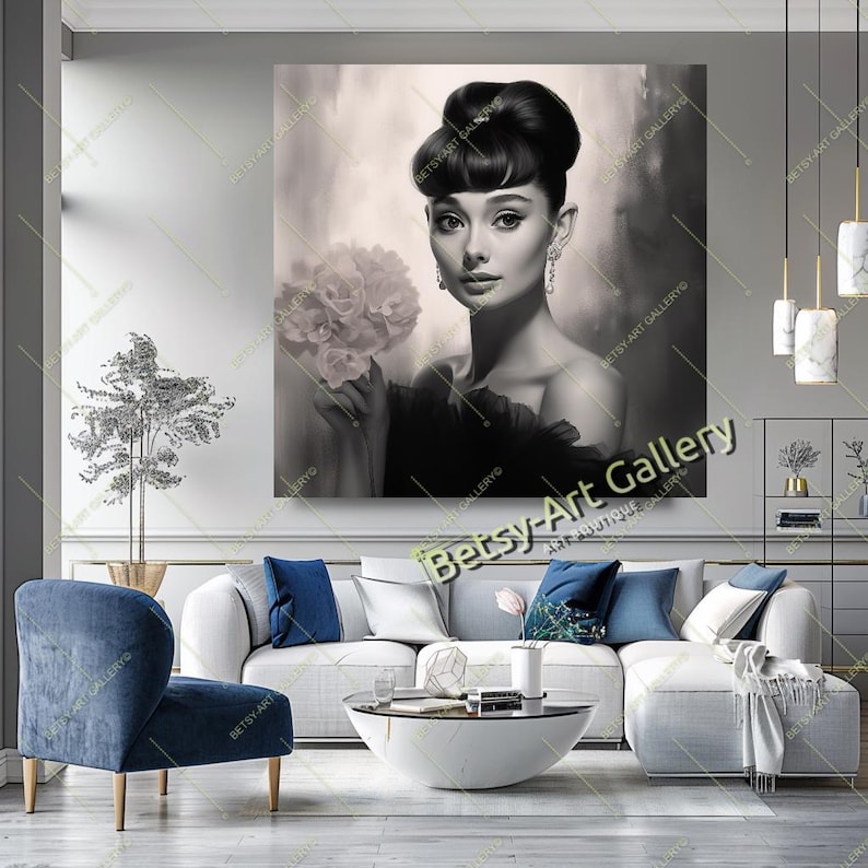 May include: Black and white portrait of a woman holding flowers. The artwork features a classic Hollywood style, with a focus on the subject's elegant features and hairstyle. The image is displayed on a large canvas, suitable for home decor.