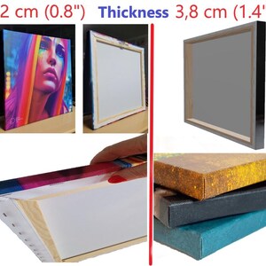 May include: A canvas art print featuring a colorful portrait of a woman. The canvas is 0.8 inches thick and 1.4 inches deep. The artwork is stretched over a wooden frame, showcasing the side profile and back of the canvas.