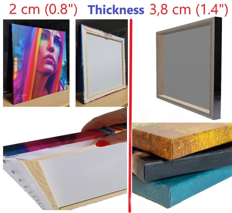 May include: A canvas art print featuring a colorful portrait of a woman. The canvas is 0.8 inches thick and 1.4 inches deep. The artwork is stretched over a wooden frame, showcasing the side profile and back of the canvas.