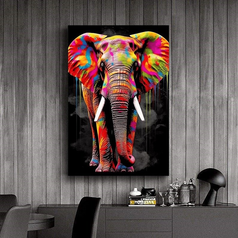 Abstract Vibrant Elephant Art Colorful Animal Canvas Print Graffiti Elephant Print, Stretched