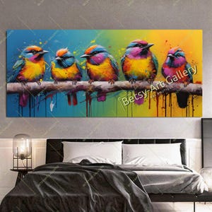Five Colorful Birds - Modern Animal Wall Art - Large Panoramic Canvas Print for Living Room, Hotel, Gift