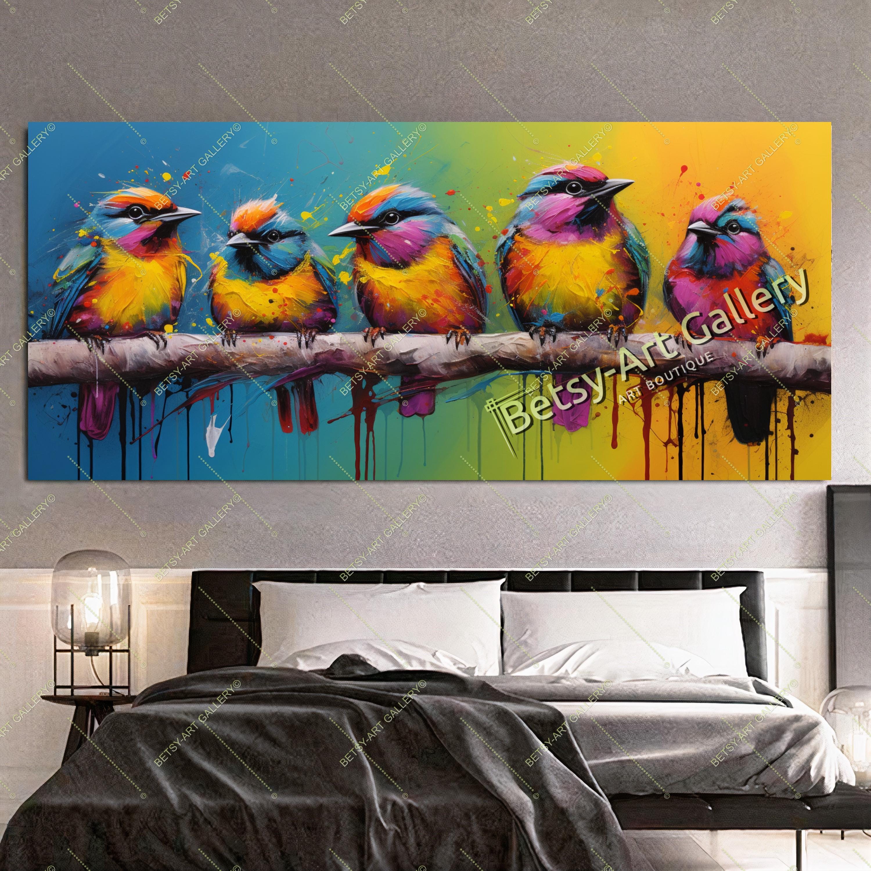 Five Colorful Birds - Modern Animal Wall Art - Large Panoramic Canvas Print for Living Room, Hotel, Gift