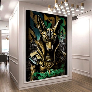 Anubis and Bastet Graffiti Art: Egyptian Cat Goddess Stretched Canvas Print