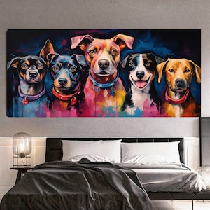 Family of Five Dogs – Colorful Modern Printed Canvas Wall Art - Large Panoramic Print on Canvas for Living Room, Hotel, Gift