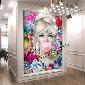 Modern Graffiti Brigitte and Marilyn Monroe Portrait, Blowing Bubble Gum Print on Canvas - Hollywood icon, Contemporary Celebrity Art Decor