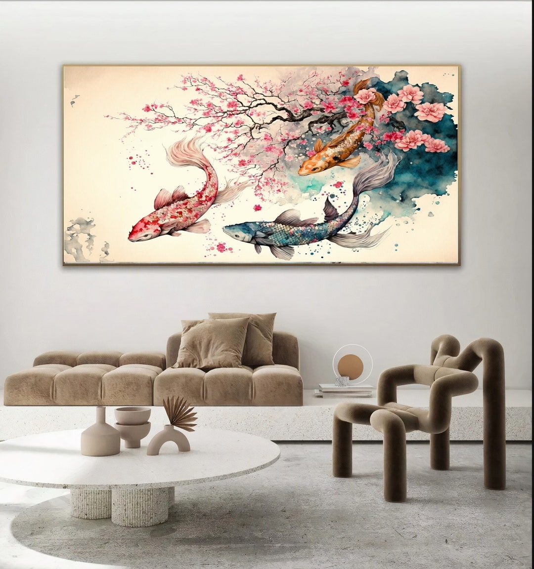 Koi Fish Canvas Print: Sakura Pond Watercolor Wall Art - Etsy