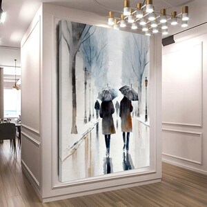 Stretched Printed Canvas, Rainy Cityscape Lovers on a Rainy Alley, Watercolor Art Print Modern Wall Art for living room