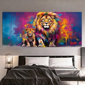 Lion and Cub Wall Art Print – Colorful Family Art Modern Animal Canvas - Large Panoramic Print on Canvas for Living Room, Hotel, Gift