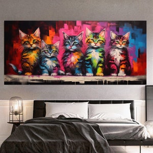 Cute Family of Kittens – Colorful Modern Printed Canvas Wall Art - Large Panoramic Print on Canvas for Living Room, Hotel, Gift