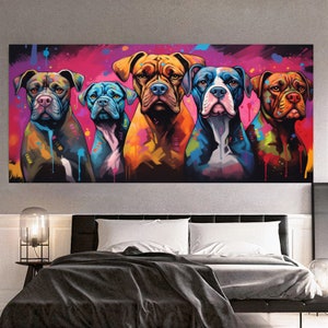 Vibrant Family of Five Dogs – Colorful Modern Printed Canvas Wall Art - Large Panoramic Print on Canvas for Living Room, Hotel, Gift