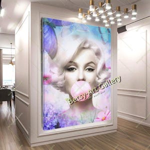 Floral Pop Art Portrait of Marilyn Monroe with Bubble Gum - Hollywood icon, Contemporary Art, Celebrity Portrait, Vibrant Print on Canvas