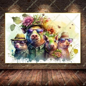 Colorful Pig Family Canvas Art Print: Boho Wildlife Decor