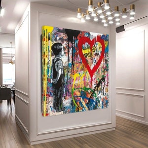 Banksy Wall Art – Boy Drawing Heart Graffiti, Stretched Canvas Pop Art Print