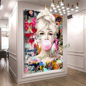 Colorful Graffiti Brigitte, Audrey Hepburn, Marilyn Monroe Bubble Gum Canvas – Iconic Pop Art Print