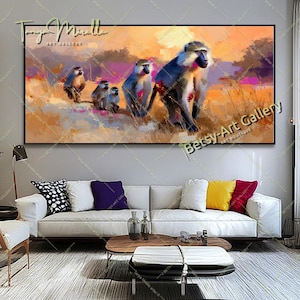 Família de macacos do Safari Africano - Impressão em tela esticada, arte de parede abstrata e colorida da vida selvagem para decoração moderna de casa ou escritório, presente
