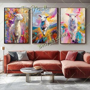 Graceful Lamb Canvas Art – Colorful Abstract Farm Animal Wall Decor - Stretched Print on Canvas