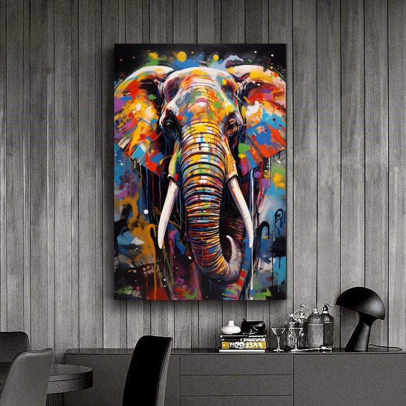 Abstract Vibrant Elephant Art Colorful Animal Canvas Print Graffiti Elephant Print, Stretched