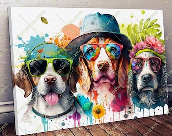 Colorful Dog Family with Hats and Glasses – Vibrant Floral Art, Fun Canvas Wall Art Print