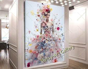Modern Elegance Floral Woman Portrait, Blooming Dress, Perfume Art - Chic Wall Art Decor, Hotel Office - Stretched Print on Canvas