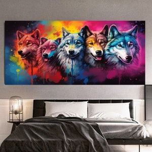 Colorful Family of Wolfs - Large Panoramic Print on Canvas - Modern Animals Wall Art for Living Room, Kids, Hotel, Gift