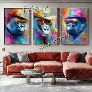 Cool Gorilla – Color Pop Portrait with Sunglasses and Hat – Abstract Expressionist Jungle King Wall Art - Stretched Print on Canvas