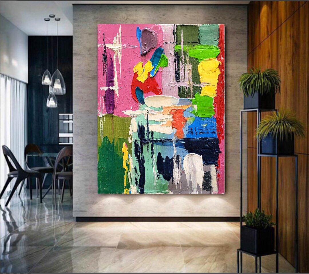GREEN Geometric Art, Oil Painting on Canvas, Impasto Painting Colorful ...