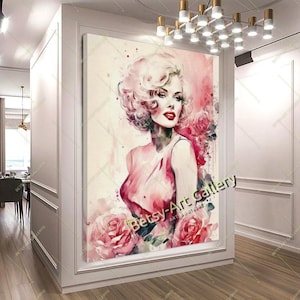 Lovely Floral Graffiti Portrait of Marilyn Monroe with Red Roses - Hollywood icon, Contemporary Pop Art, Celebrity Portrait Wall Art Decor