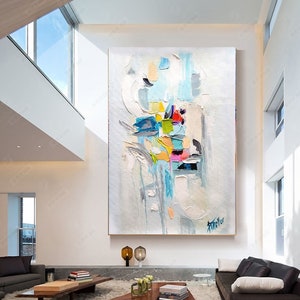 Large Abstract Modern Oil Painting on Canvas White Blue Impasto Wall Art for living room decor