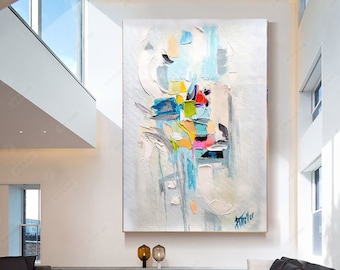 Pintura al óleo moderna abstracta grande sobre lienzo Arte de pared de empaste azul blanco para decoración de sala de estar