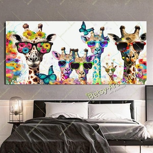 Family of Giraffes with Floral Butterflies – Large Colorful Animals Canvas Wall Art