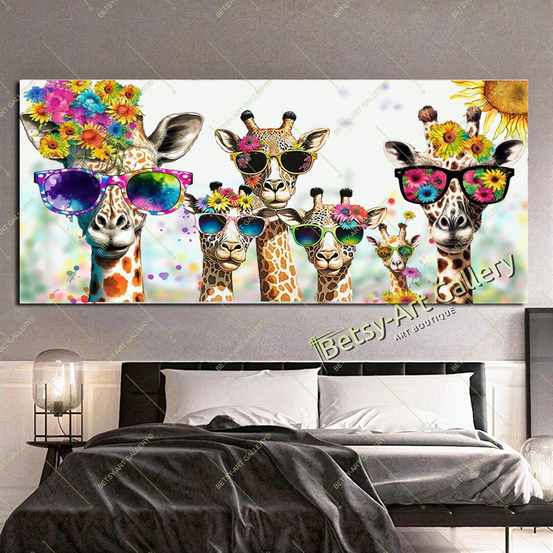 Funny Giraffe Family Canvas Print: Floral Sunglasses, Jungle Animal ...