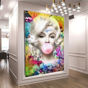 Stretched Print on Canvas, Audrey Hepburn Marilyn Monroe Blowing Bubble Gum, Colorful Street Art Graffiti Modern Wall Art