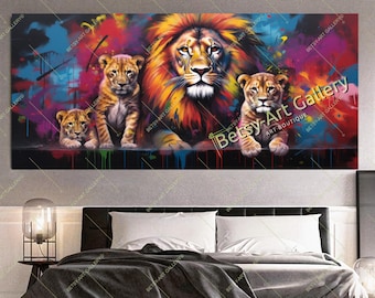 Colorful Lion Family Art Print  - Vibrant Animals Wall Art Decor – Large Panoramic Modern Canvas Print for Living Room, Hotel, Gift