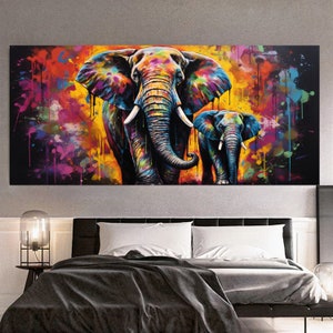 Family of Elephants – Large Panoramic Colorful Animal Canvas Wall Art for Living Room, Hotel