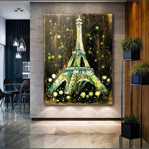 Night Eiffel Tower Acrylic Painting on Canvas – Paris City Lights Wall Art
