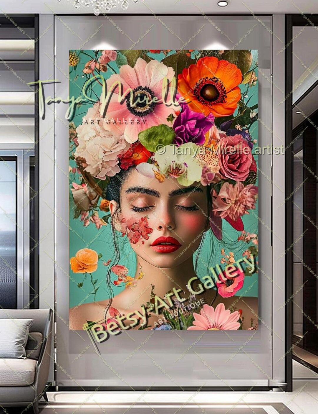 Flower Portrait Woman Canvas Print: Modern Floral Boho Wall Art Decor ...