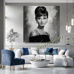 May include: Black and white portrait of a woman with her hair up, wearing a black dress and earrings. The artwork is displayed on a wall in a living room setting. The text "Betsy-Art Gallery" is visible on the artwork.