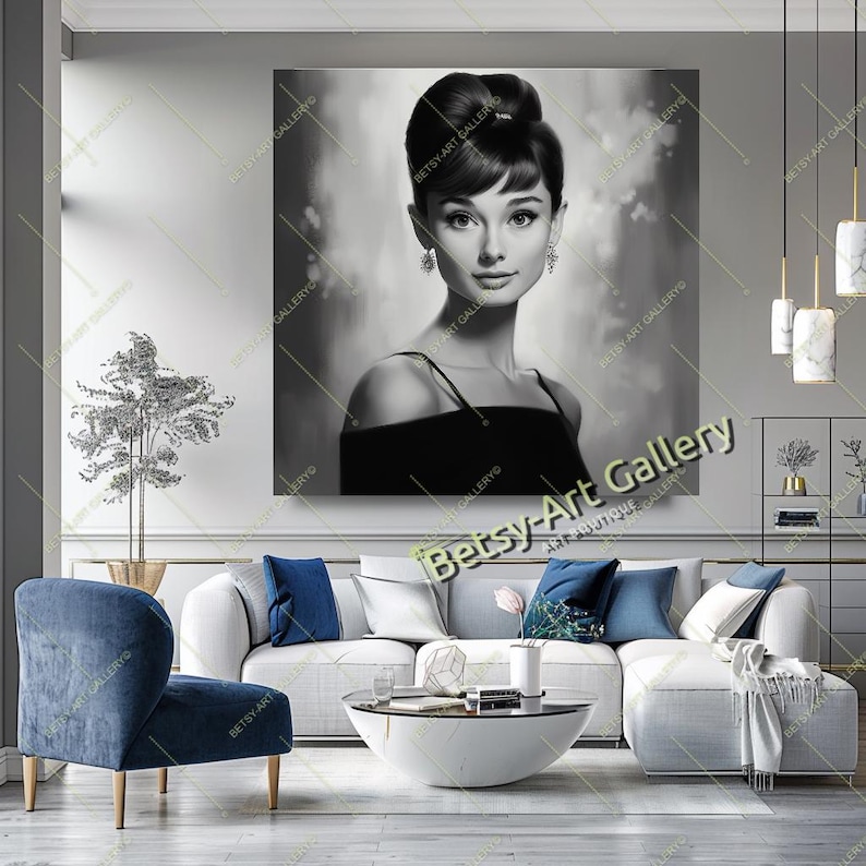 May include: Black and white portrait of a woman with her hair up, wearing a black dress and earrings. The artwork is displayed on a wall in a living room setting. The text "Betsy-Art Gallery" is visible on the artwork.