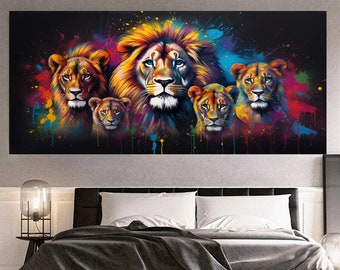 Grande impression panoramique sur toile, famille de lions, toile imprimée moderne, art mural animaux colorés pour salon, hôtel, cadeau