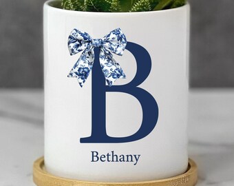 Personalized Succulent Planter with Initial Bow, Blue and White Plant Pot, Custom Name
