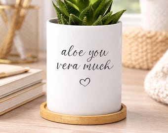 Aloe You Vera Much Pot, Funny Succulent Planter, Plant Lover Gift for Women, Gardening Gift for Mom, Cute Plant Pot with Drainage and Saucer
