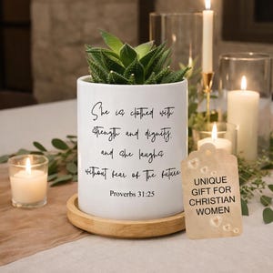 Indoor Plant Pot, Christian Mom Gift, Christian Gift for Her, Christian Women Gifts, Planter with Drainage, Catholic Mom, Proverbs 31:25