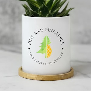 May include: A white cylindrical ceramic planter containing a green succulent. The front features a graphic of a split pine tree and pineapple with the text PINE AND PINEAPPLE and LOVE DEEPLY GIFT GRANDLY. The planter sits on a round bamboo tray.
